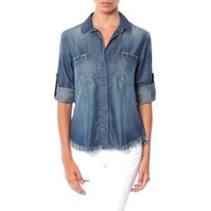 Cloth + Stone Fringe Chambray Collared Split Back Button Down Top Size XS